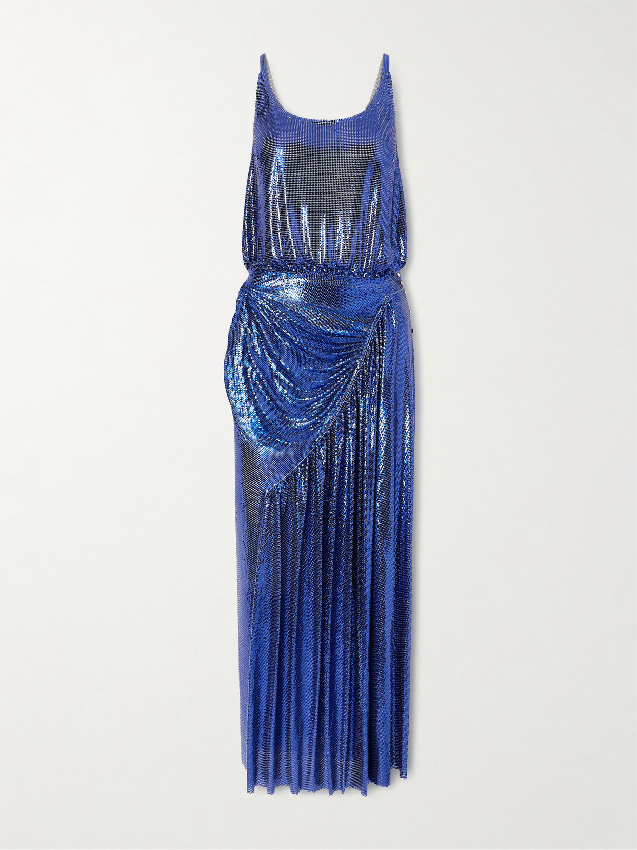 Rabanne Draped Pleated Chainmail Midi Dress In Blue