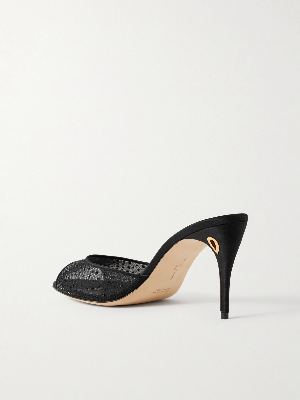 Jennifer Chamandi Guido 85 Satin-trimmed Crystal-embellished Mesh Mules In Black