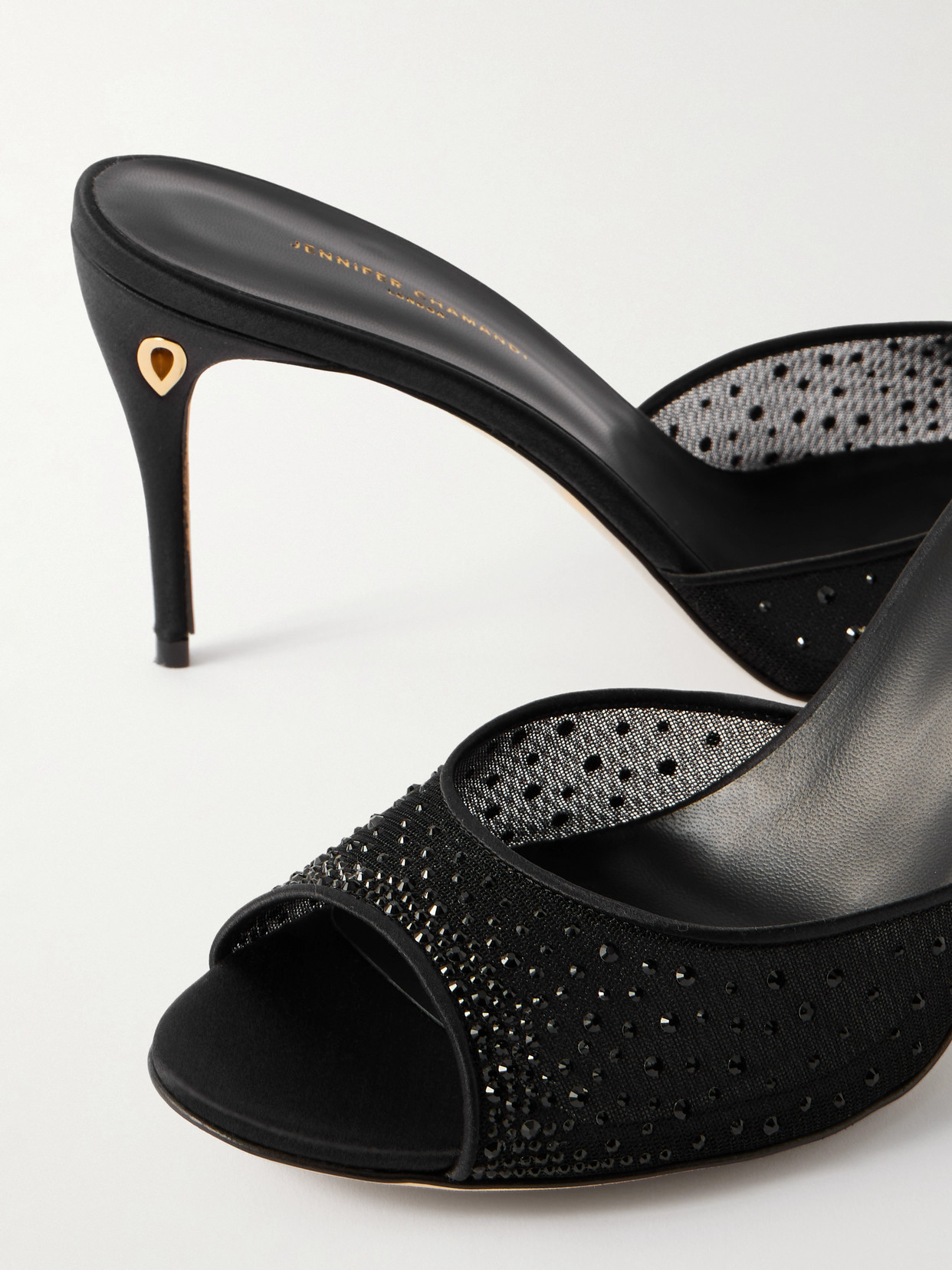 Jennifer Chamandi Guido 85 Satin-trimmed Crystal-embellished Mesh Mules In Black