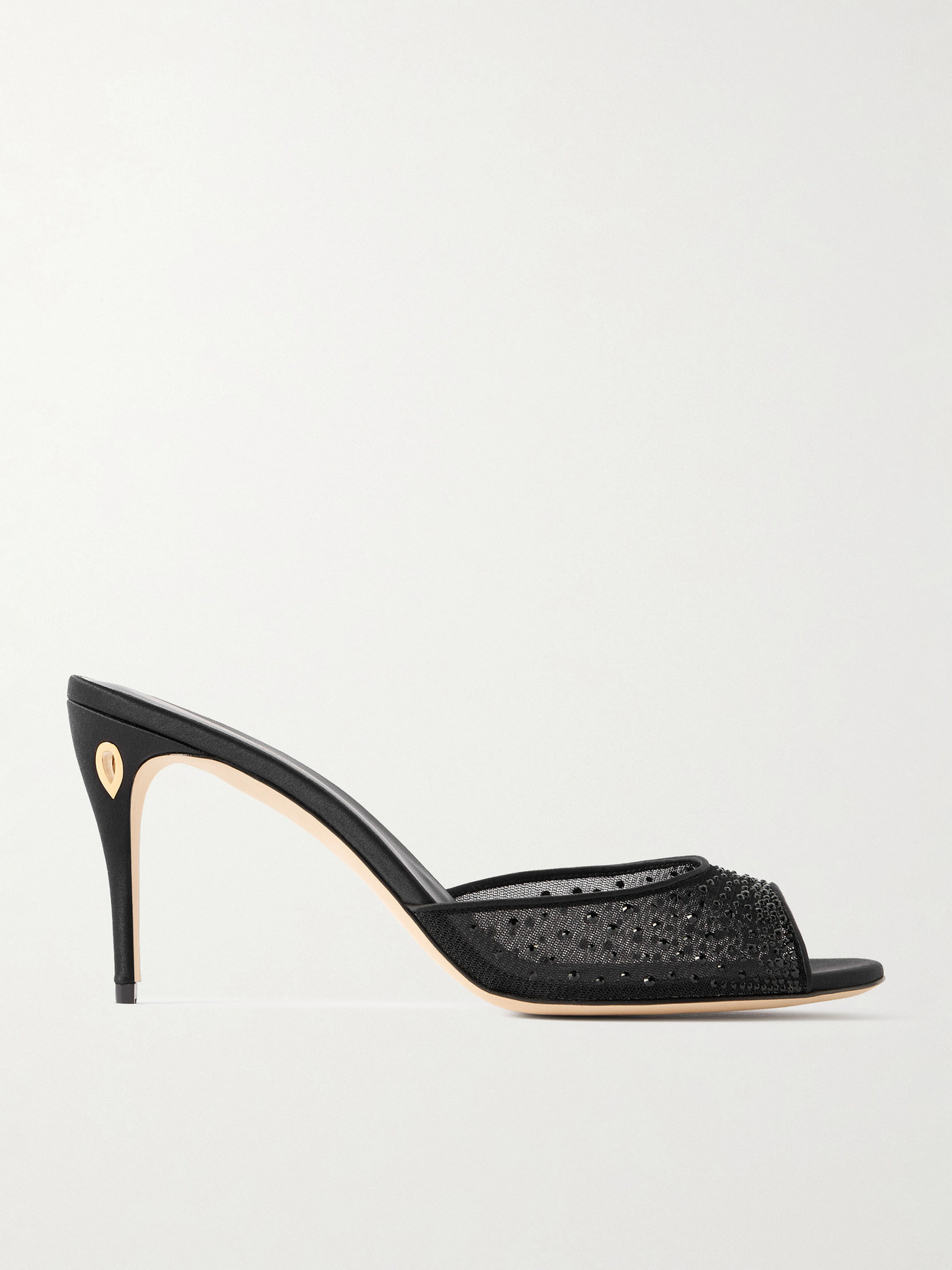 Jennifer Chamandi Guido 85 Satin-trimmed Crystal-embellished Mesh Mules In Black