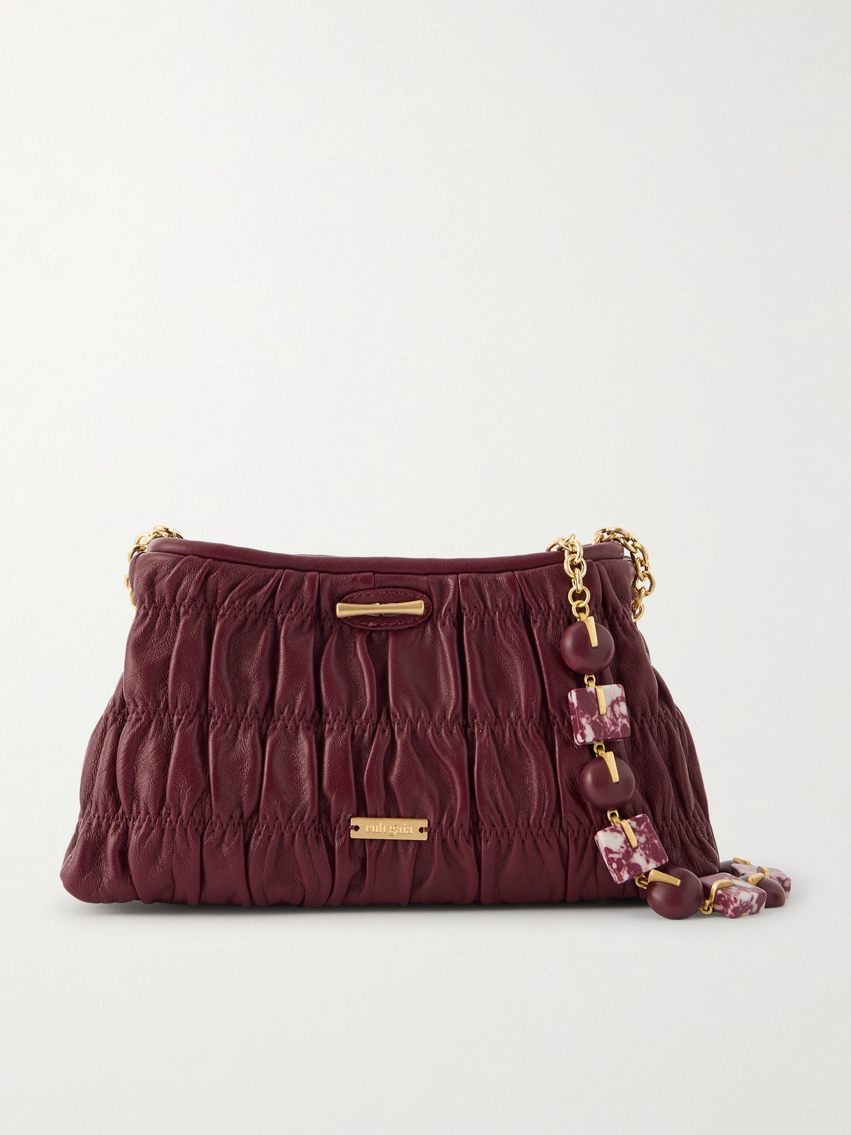 Cult Gaia Kiraz Mini Beaded Ruched Leather Clutch Bag In Burgundy