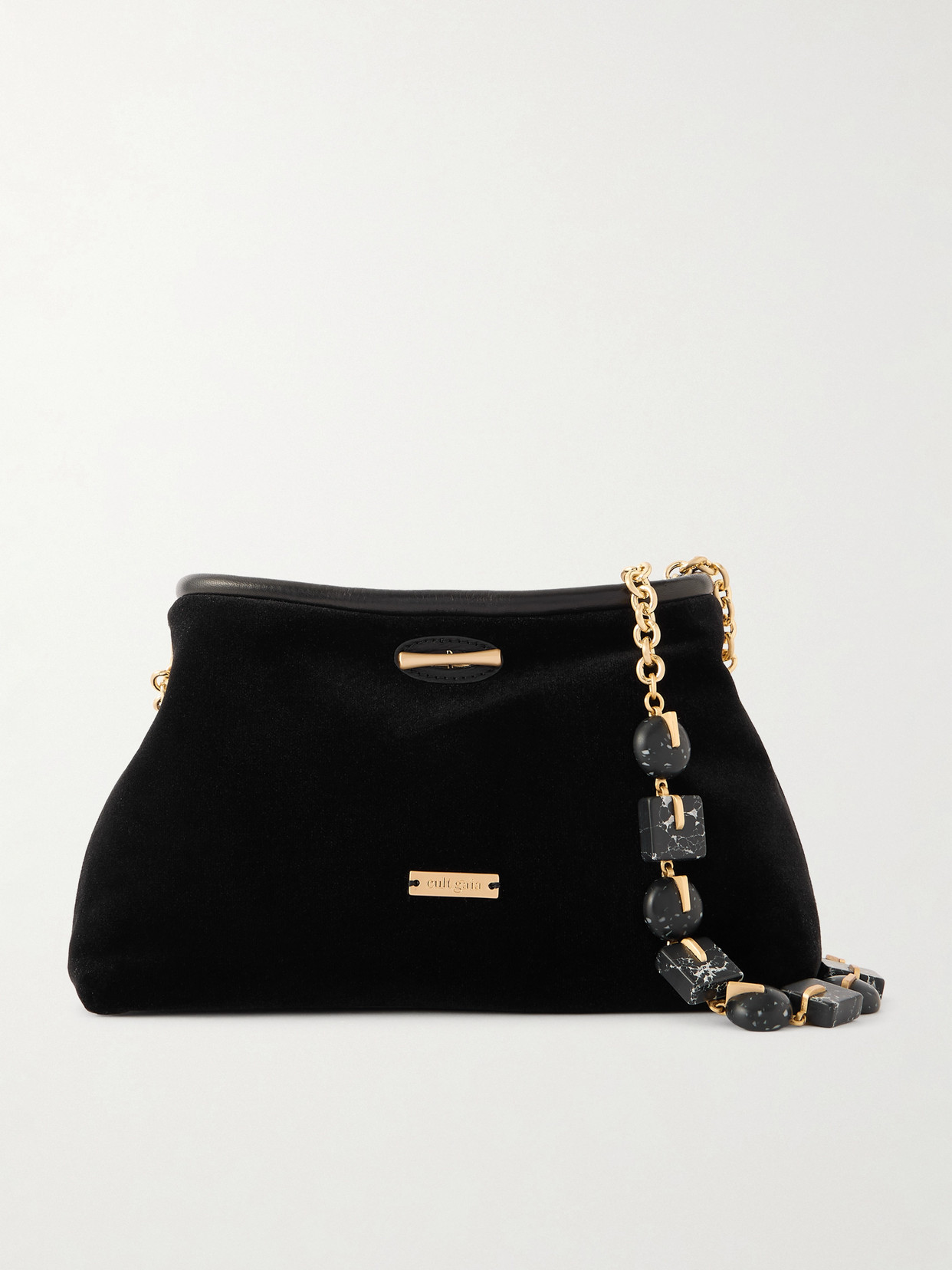 Cult Gaia Kiraz Mini Beaded-embellished Leather-trimmed Velvet Clutch In Black