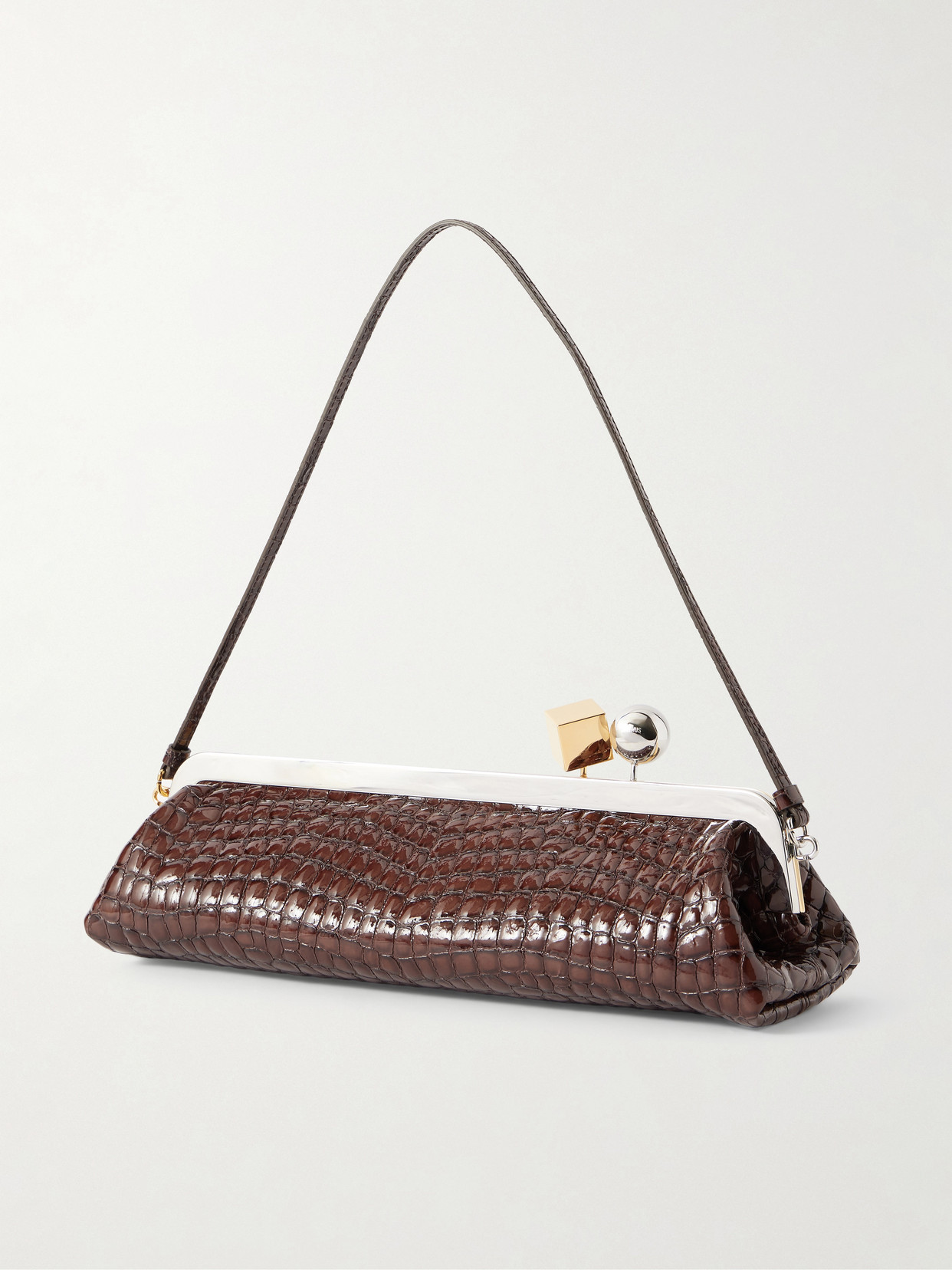 Jacquemus La Pochette Salon Crocodile-effect Glossed Leather Clutch In Brown
