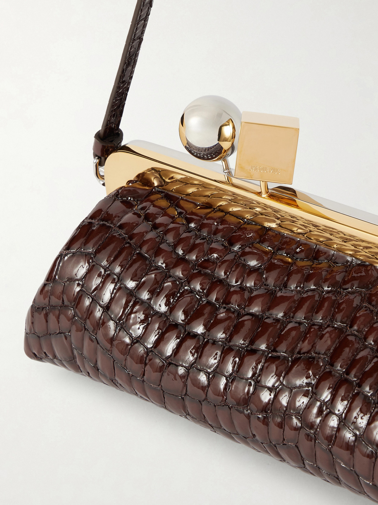 Jacquemus La Pochette Salon Crocodile-effect Glossed Leather Clutch In Brown