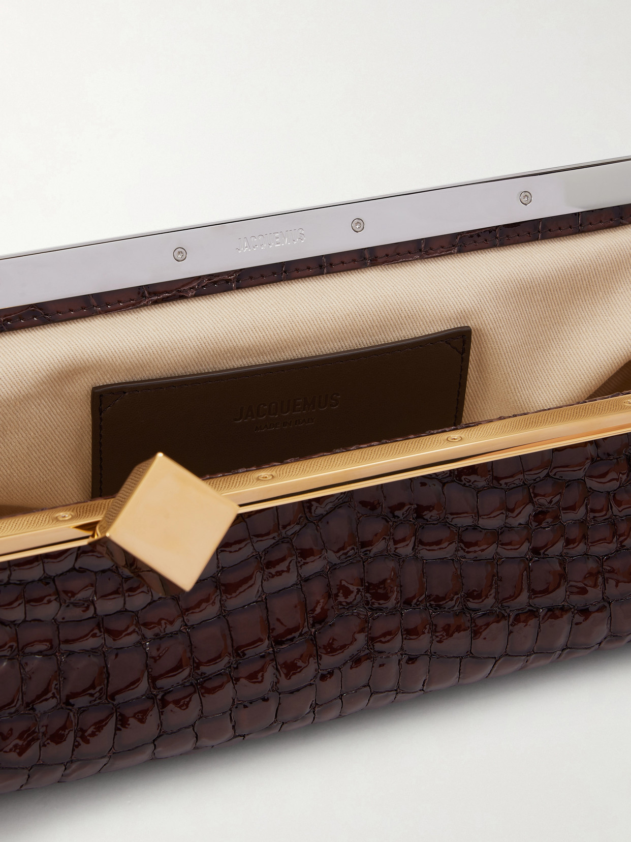 Jacquemus La Pochette Salon Crocodile-effect Glossed Leather Clutch In Brown