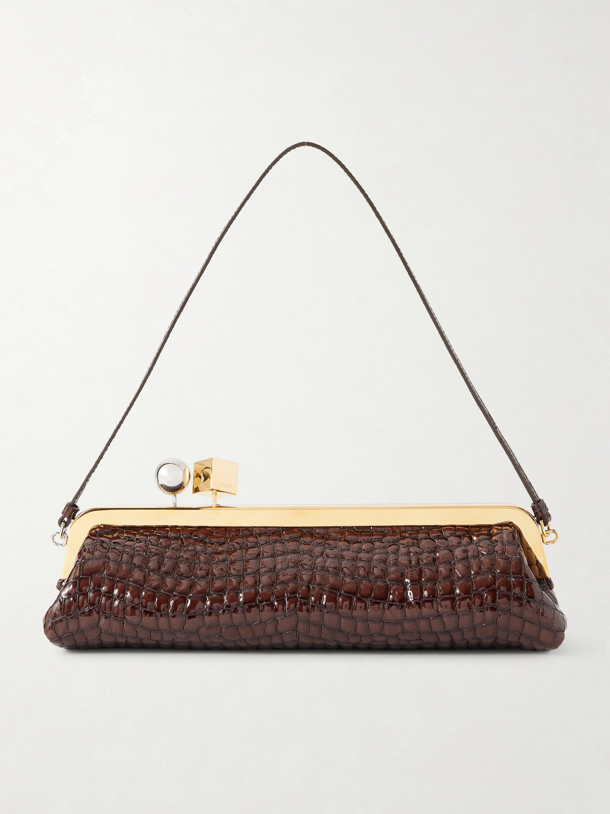 Jacquemus La Pochette Salon Crocodile-effect Glossed Leather Clutch In Brown