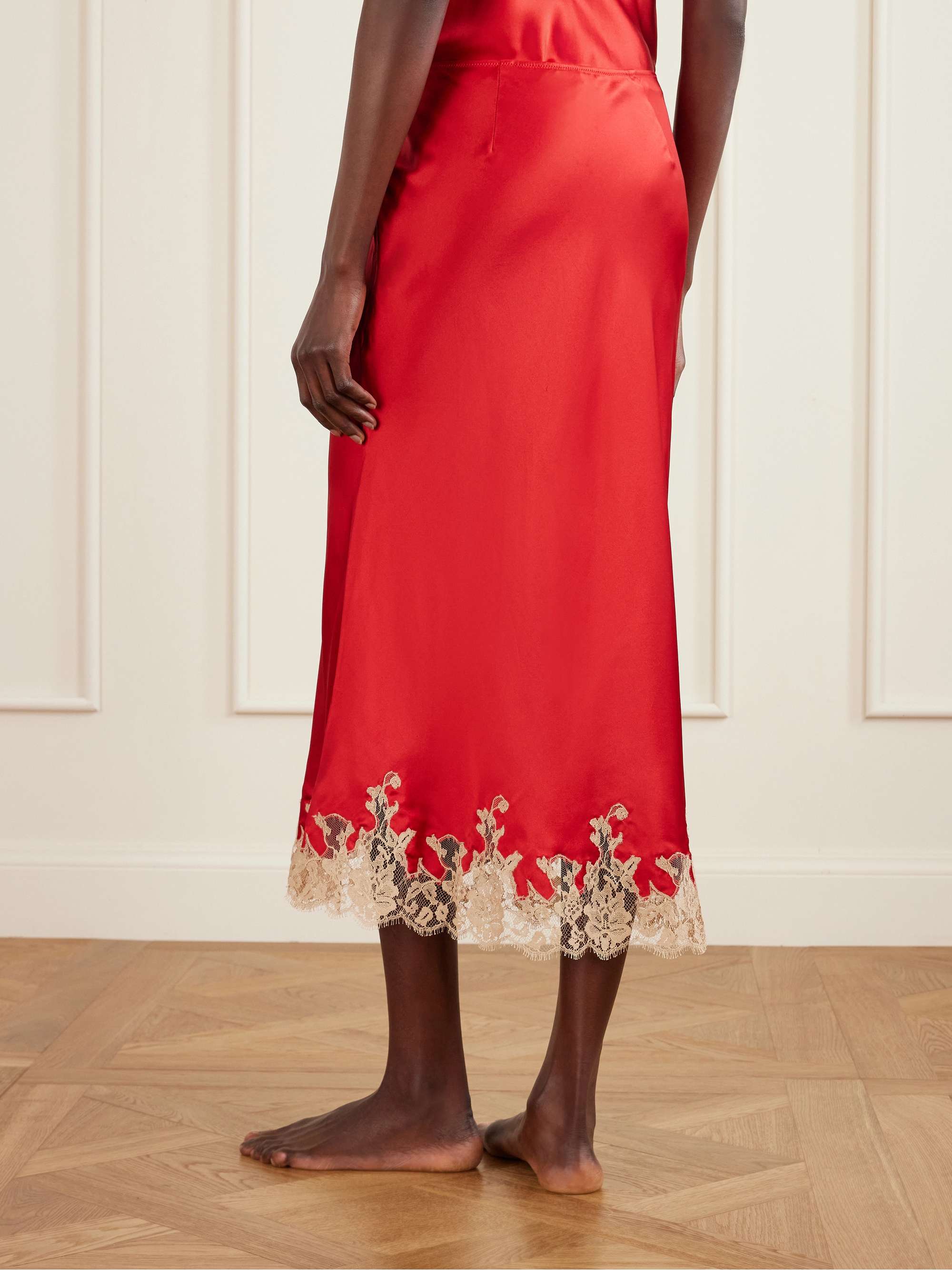 KIKI DE MONTPARNASSE Orchid lace-trimmed silk-satin midi skirt