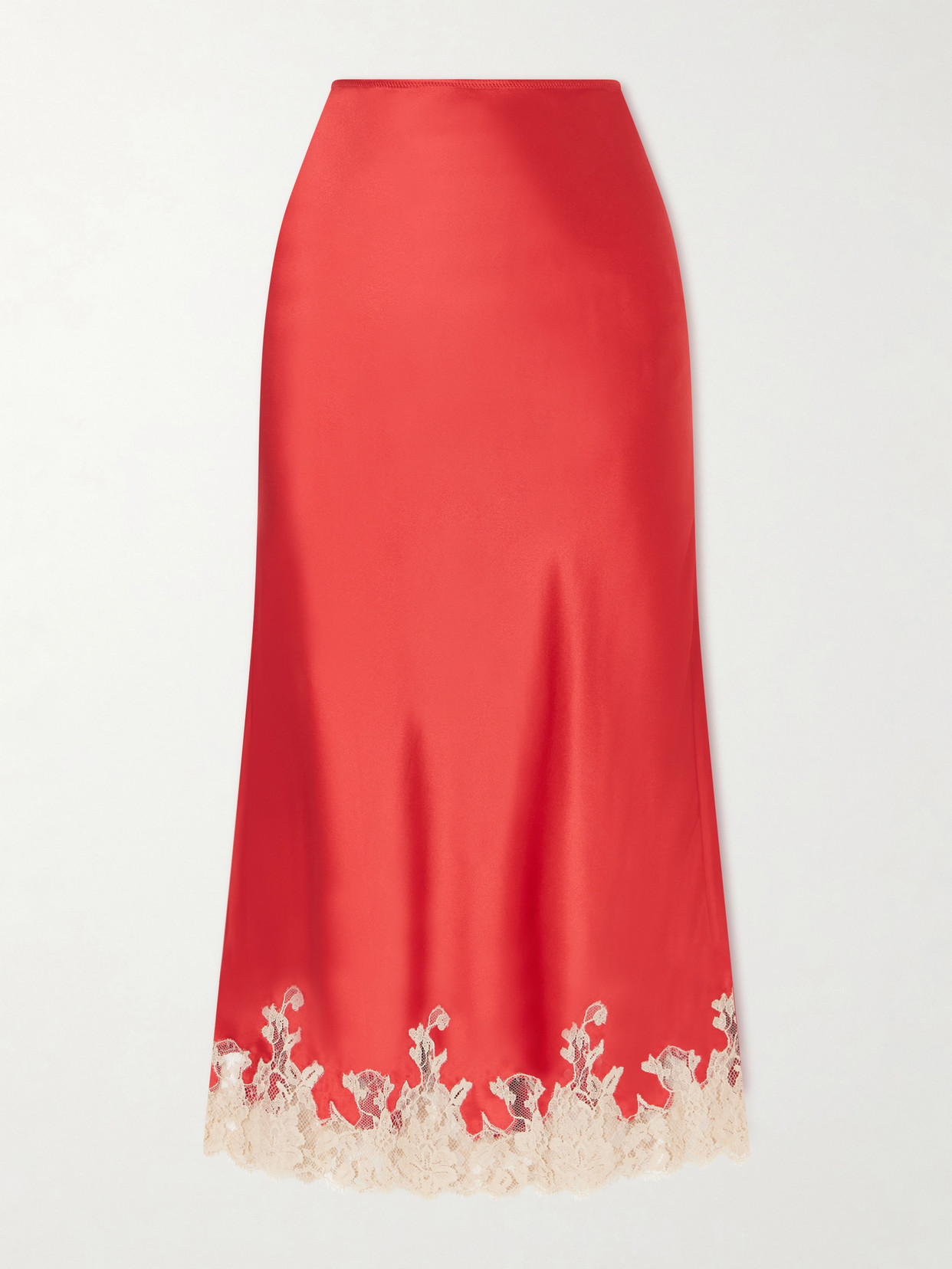 Kiki De Montparnasse Orchid Lace-trimmed Silk-satin Midi Skirt In Red