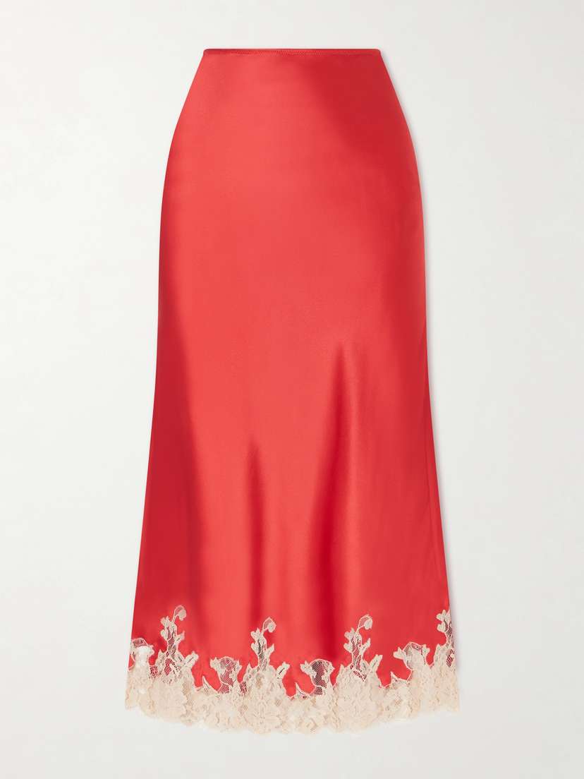 Kiki de Montparnasse Orchid Lace-trimmed Silk-satin Midi Skirt