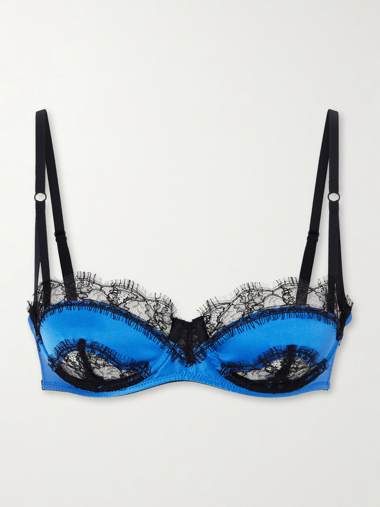 Kiki De Montparnasse Lace-trimmed Silk-satin Balconette Bra In Blue