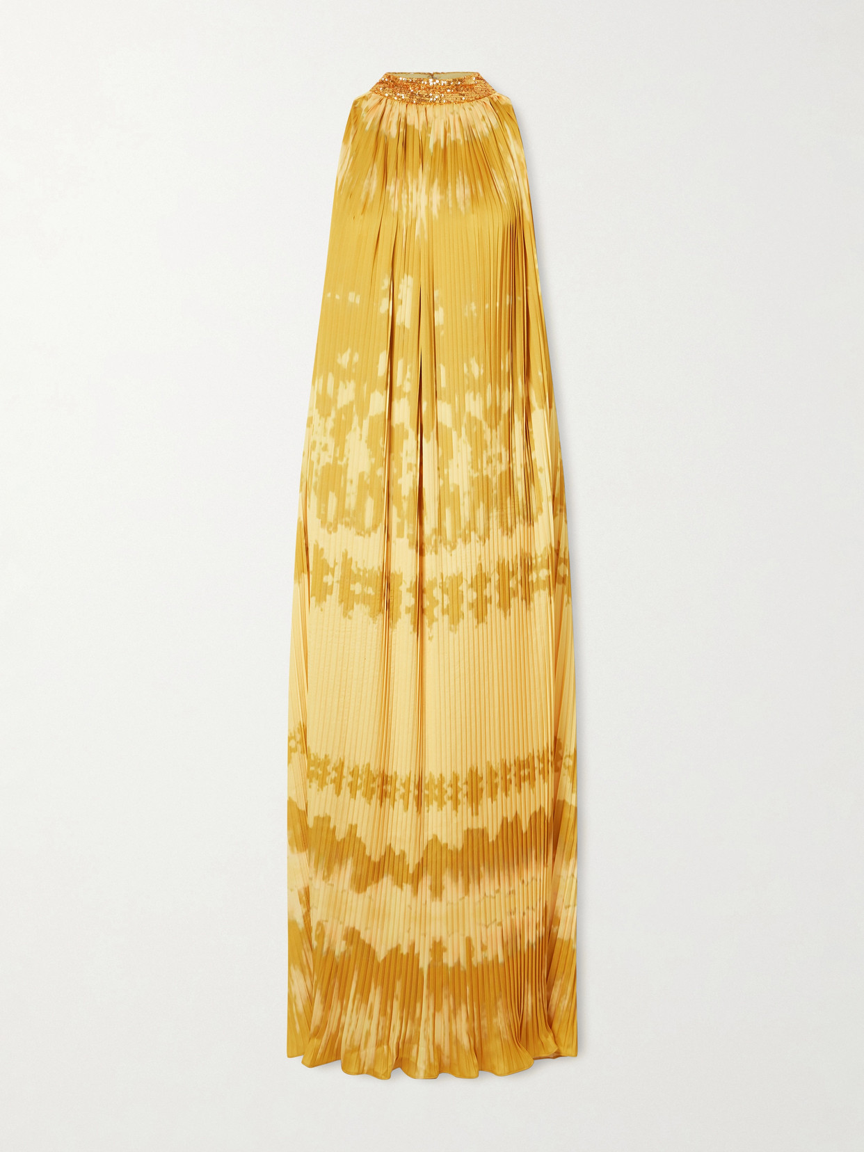Dima Ayad Embellished Tie-dyed Plissé-satin Gown In Yellow