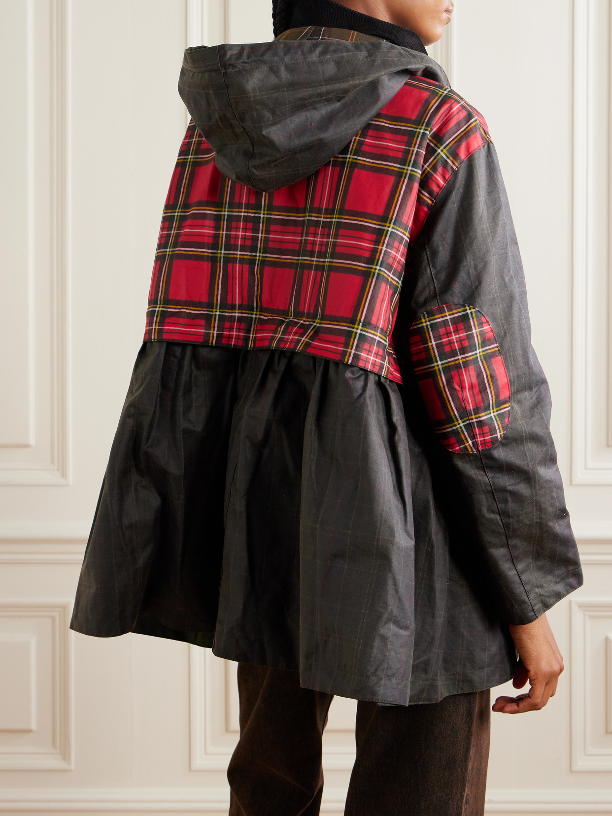 + Ganni Hooded Corduroy-Trimmed Checked Waxed-Cotton Peplum Jacket