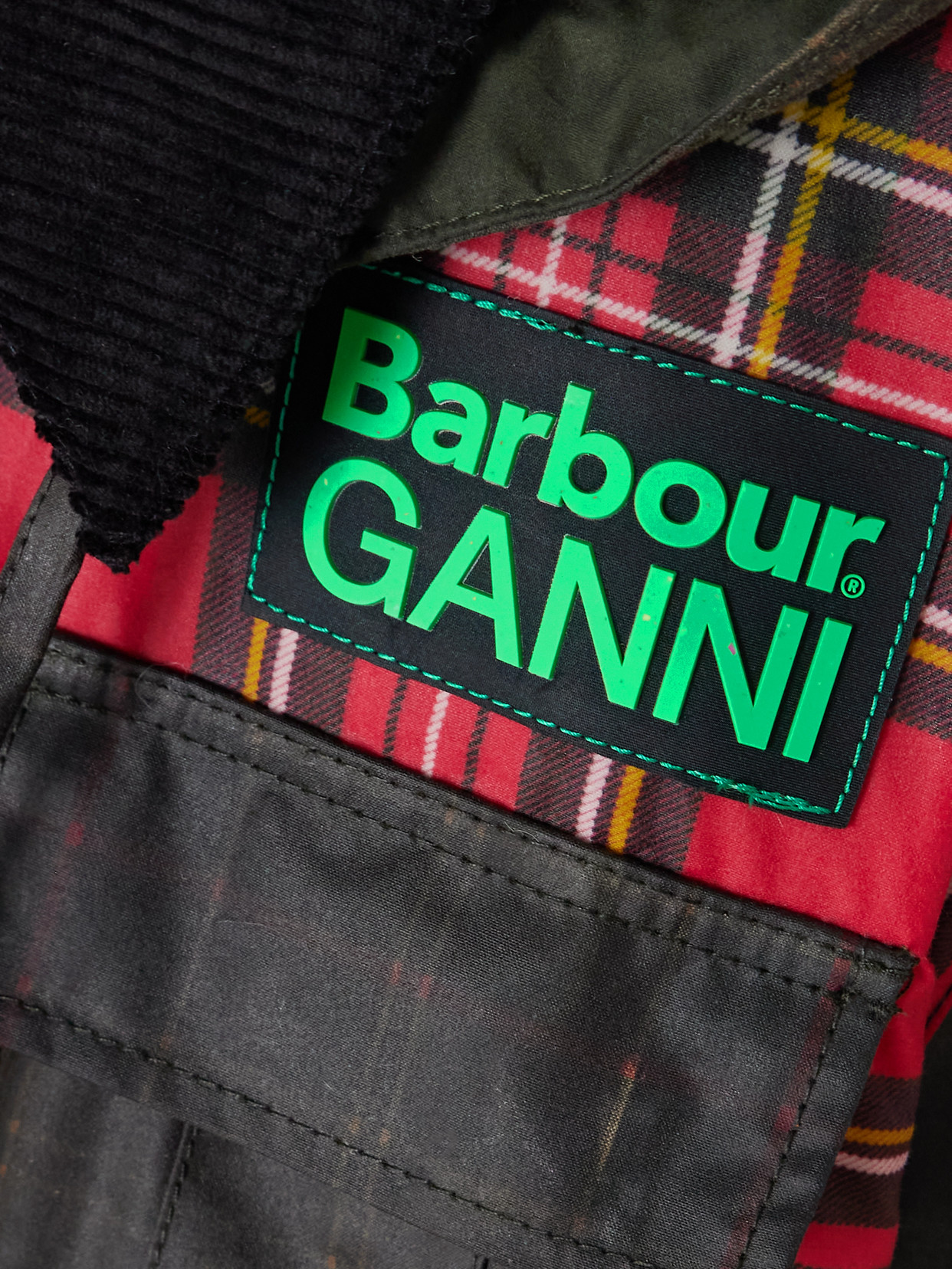 + Ganni Hooded Corduroy-Trimmed Checked Waxed-Cotton Peplum Jacket