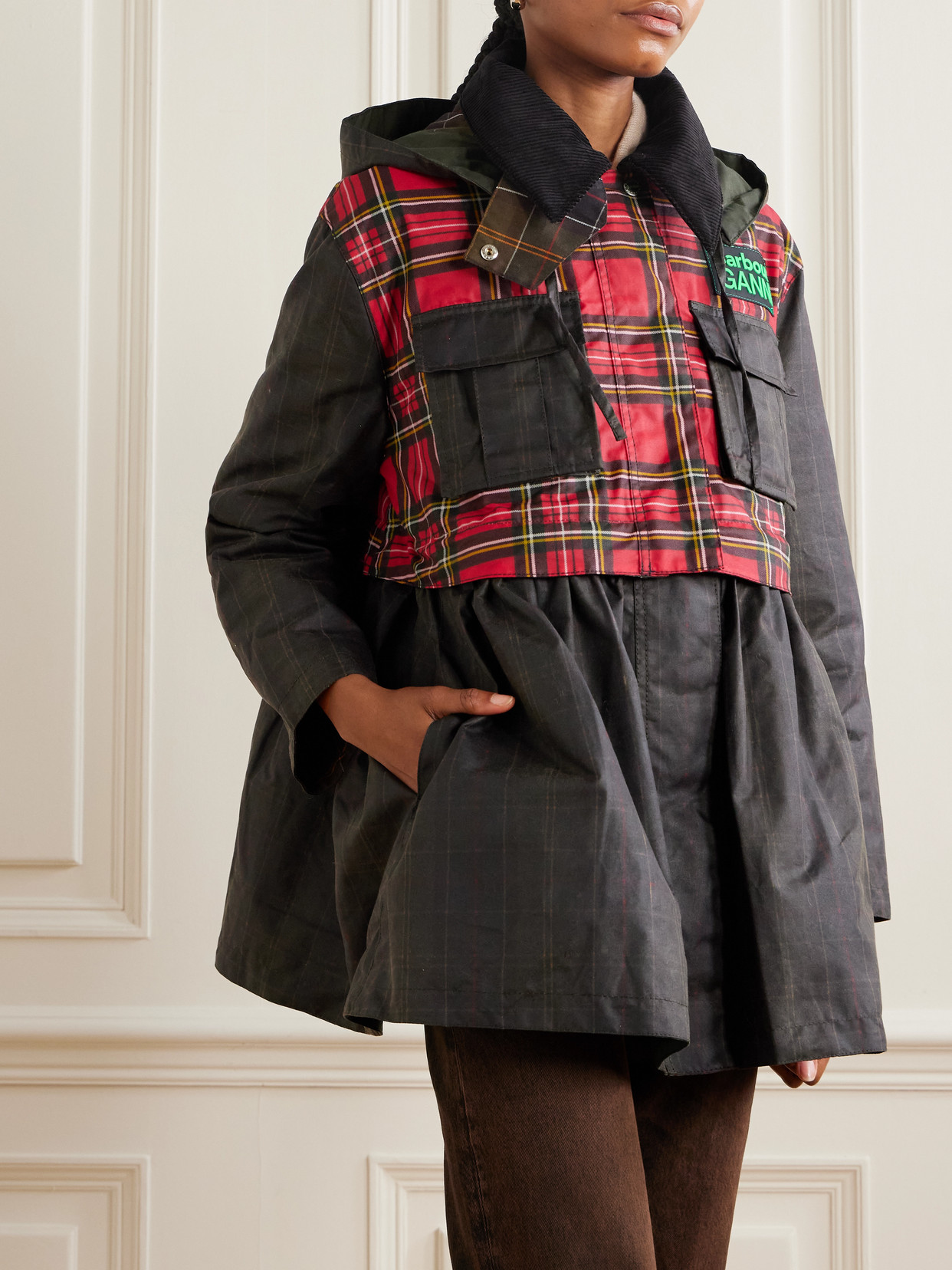 + Ganni Hooded Corduroy-Trimmed Checked Waxed-Cotton Peplum Jacket