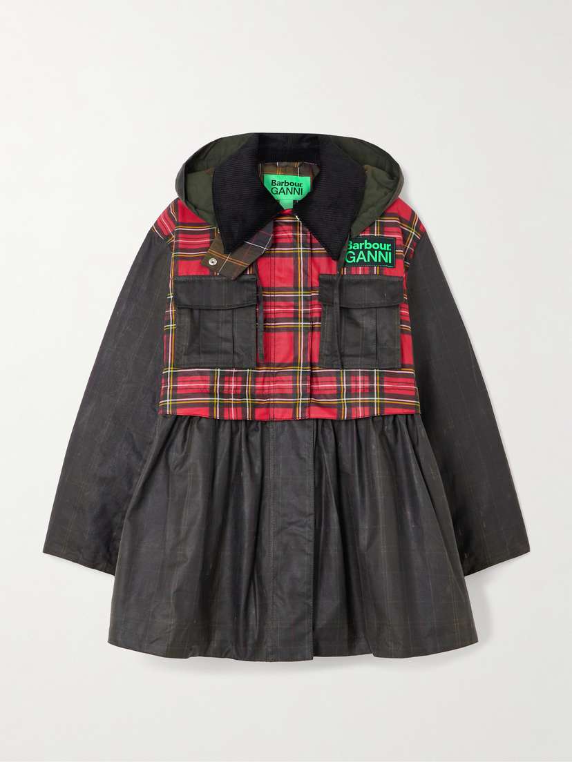 Barbour + Ganni Hooded Corduroy-trimmed Checked Waxed-cotton Peplum Jacket