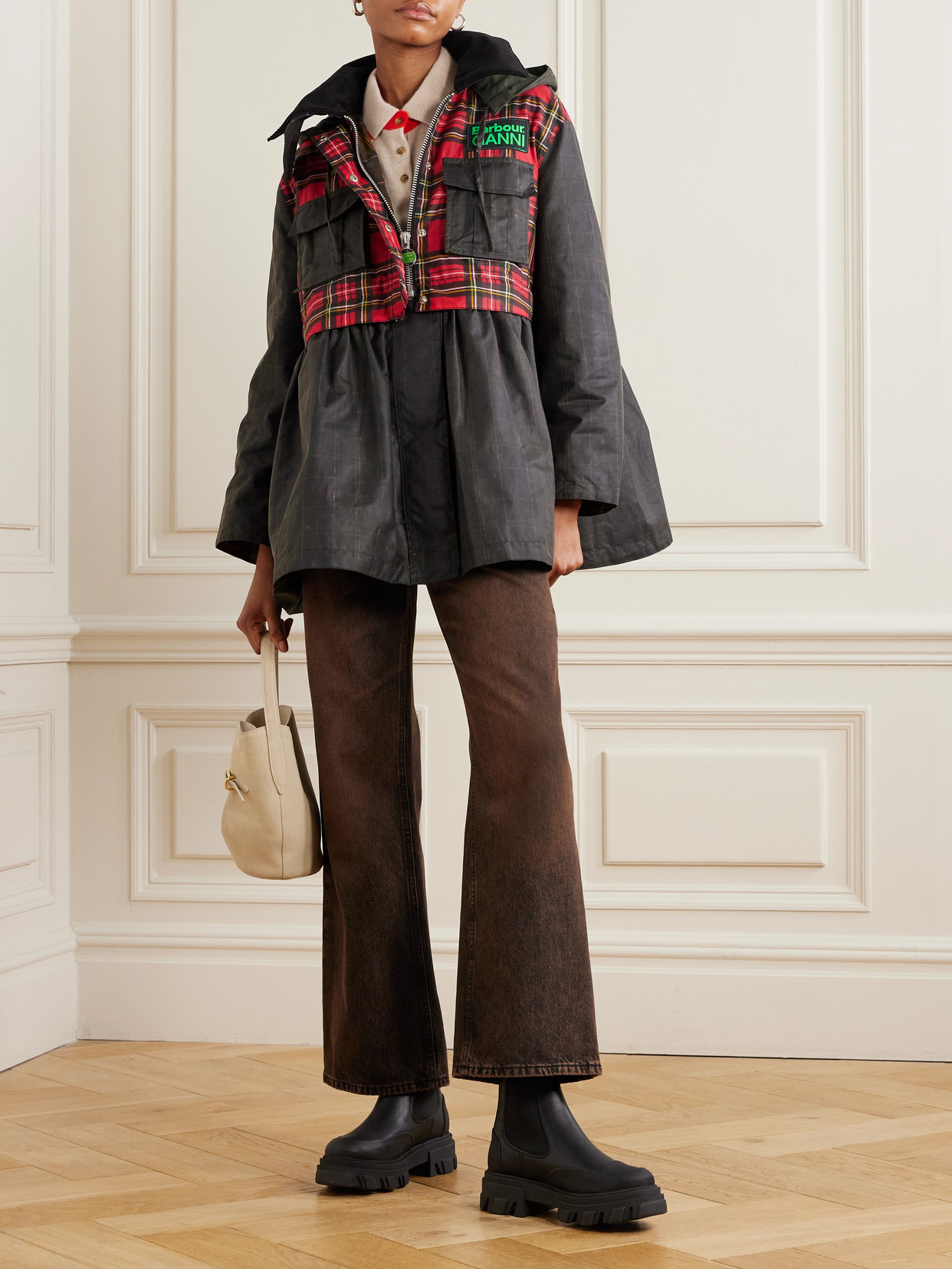 + Ganni Hooded Corduroy-Trimmed Checked Waxed-Cotton Peplum Jacket