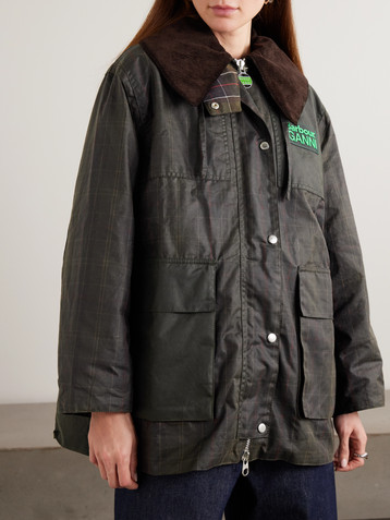 BARBOUR + GANNI hooded corduroy-trimmed checked waxed-cotton jacket