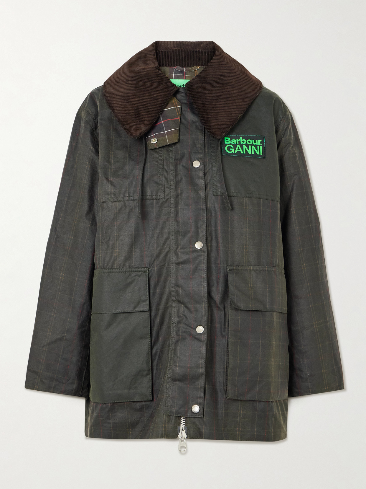 Barbour + Ganni Hooded Corduroy-trimmed Checked Waxed-cotton Jacket In Green