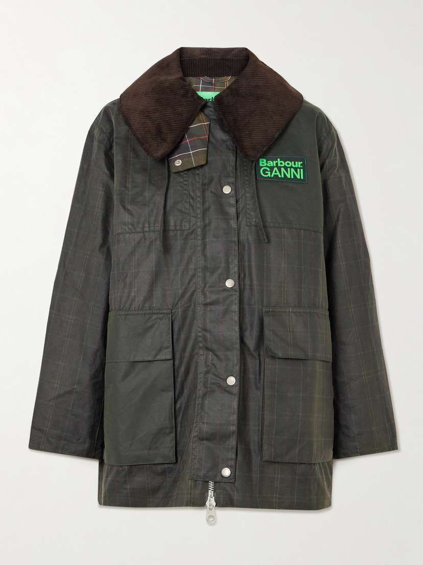 Barbour + Ganni Hooded Corduroy-trimmed Checked Waxed-cotton Jacket