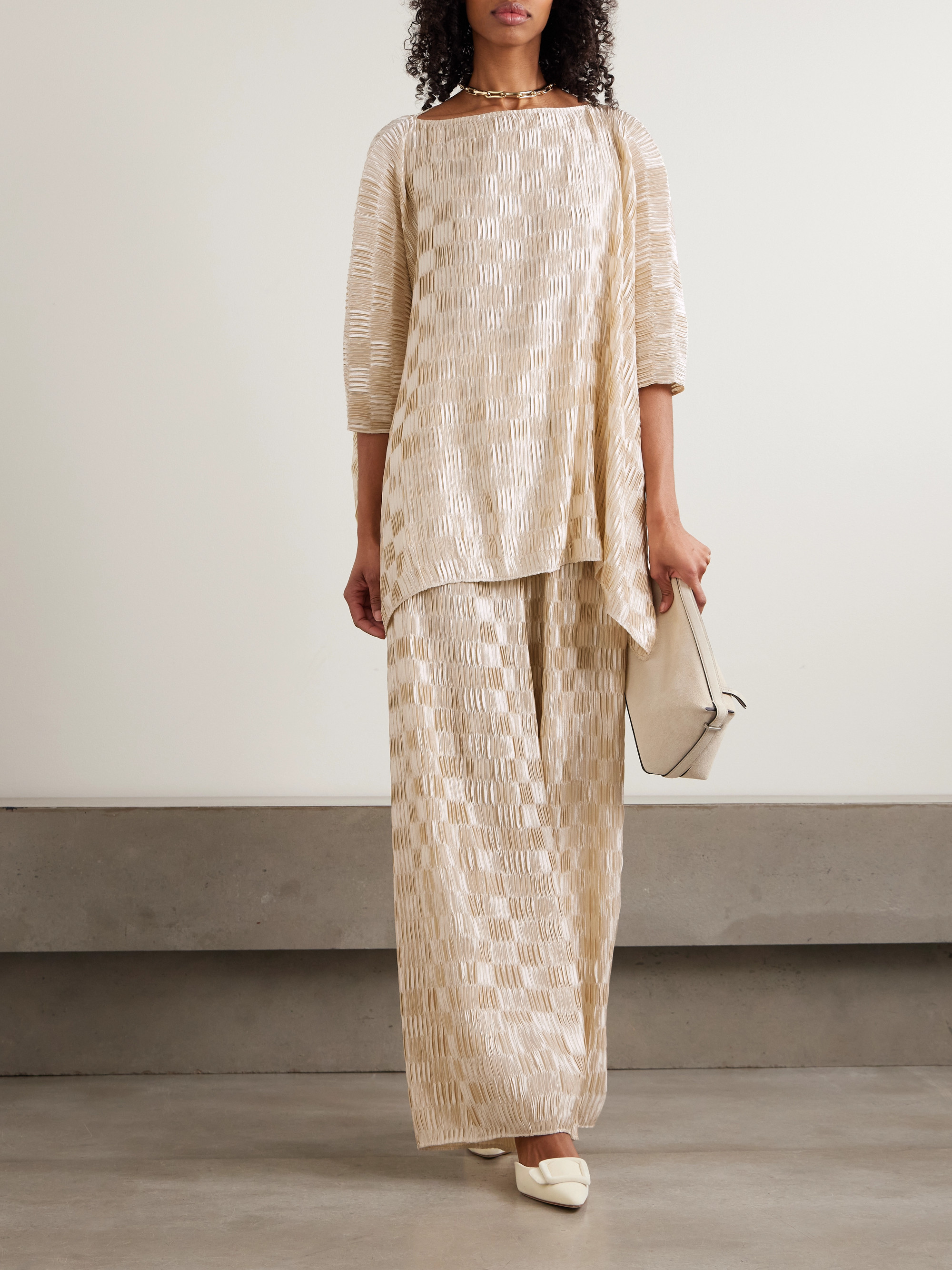 Dima Ayad Plissé-satin wide-leg pants
