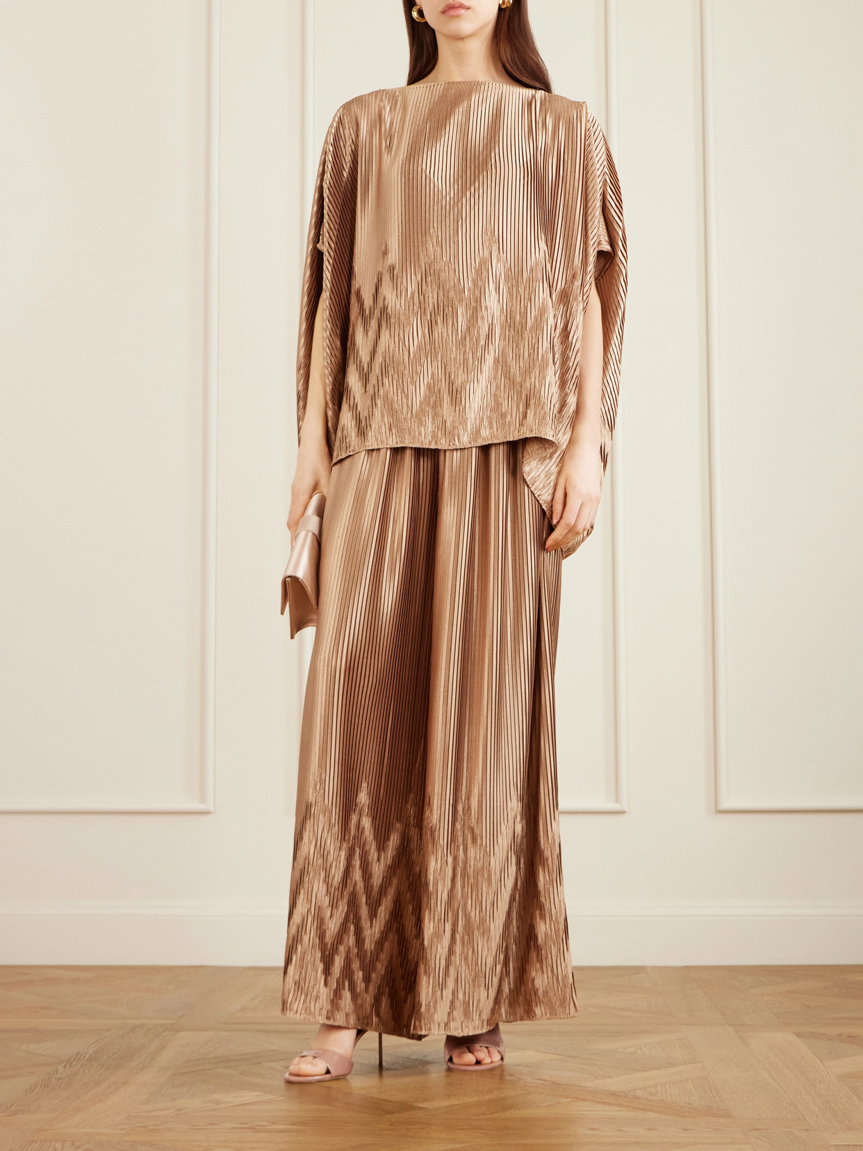 Metallic Plissé-Satin Blouse