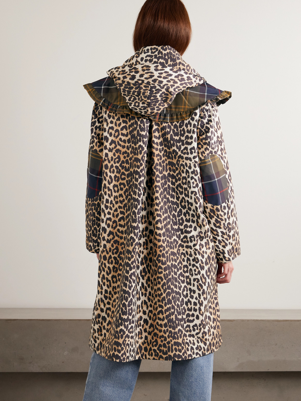 + Ganni Hooded Ruffled Checked Leopard-Print Shell Parka