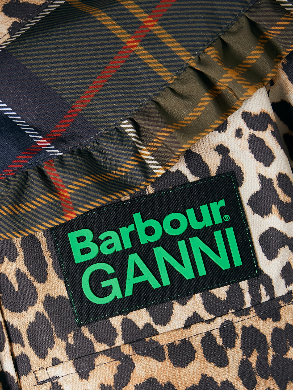 + Ganni Hooded Ruffled Checked Leopard-Print Shell Parka