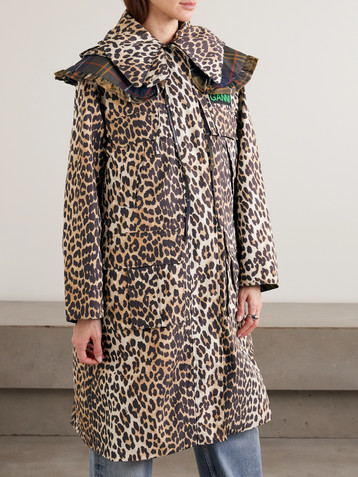 BARBOUR + GANNI hooded ruffled checked leopard-print shell parka