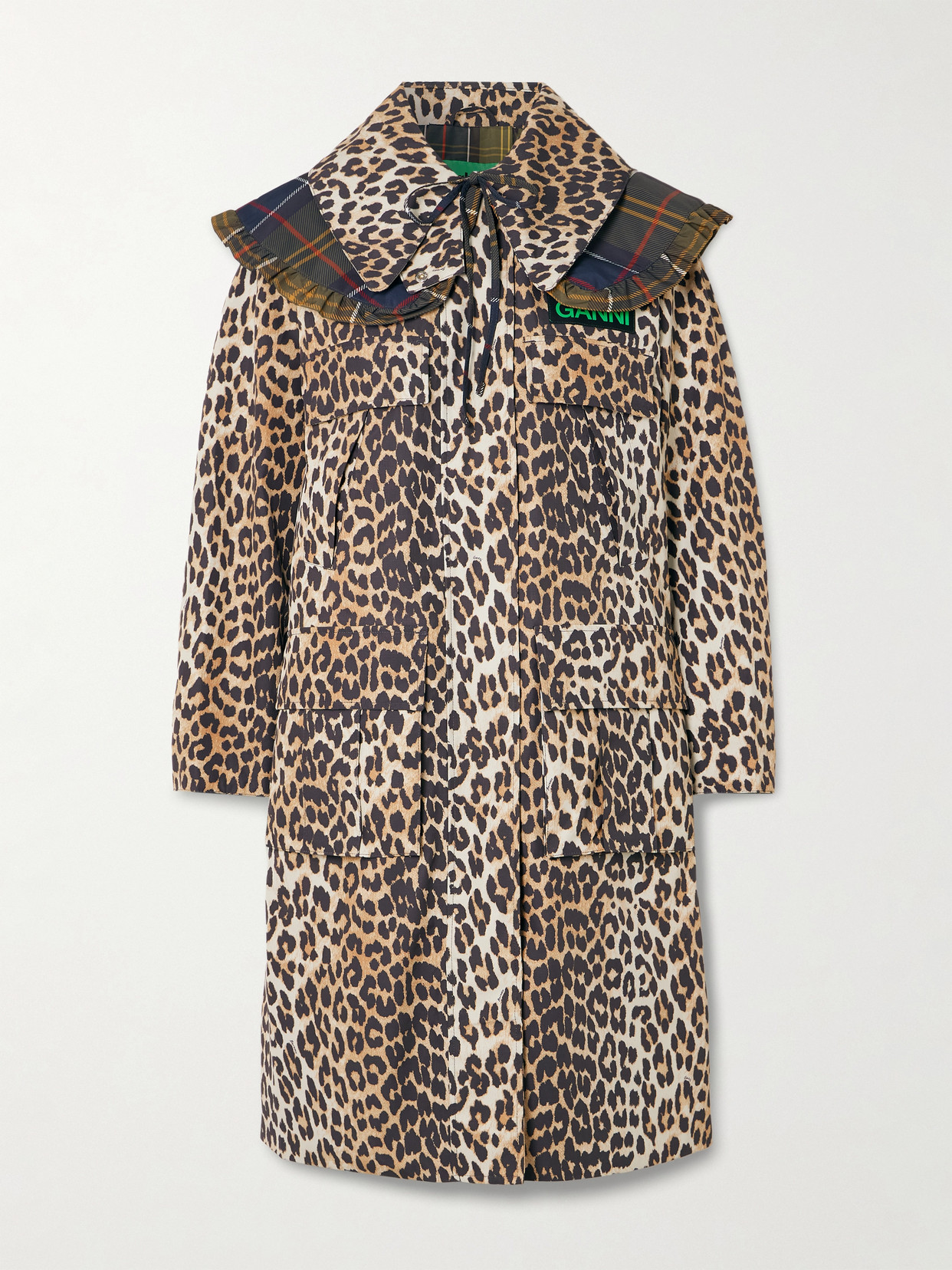 + Ganni Hooded Ruffled Checked Leopard-Print Shell Parka