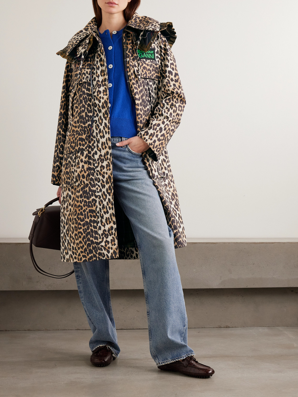 + Ganni Hooded Ruffled Checked Leopard-Print Shell Parka