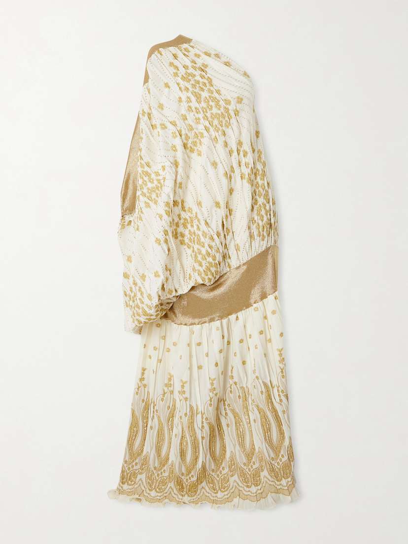 Dima Ayad One-shoulder Draped Metallic Fil Coupé Gown