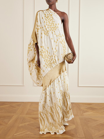 Dima Ayad One-shoulder draped metallic fil coupé gown