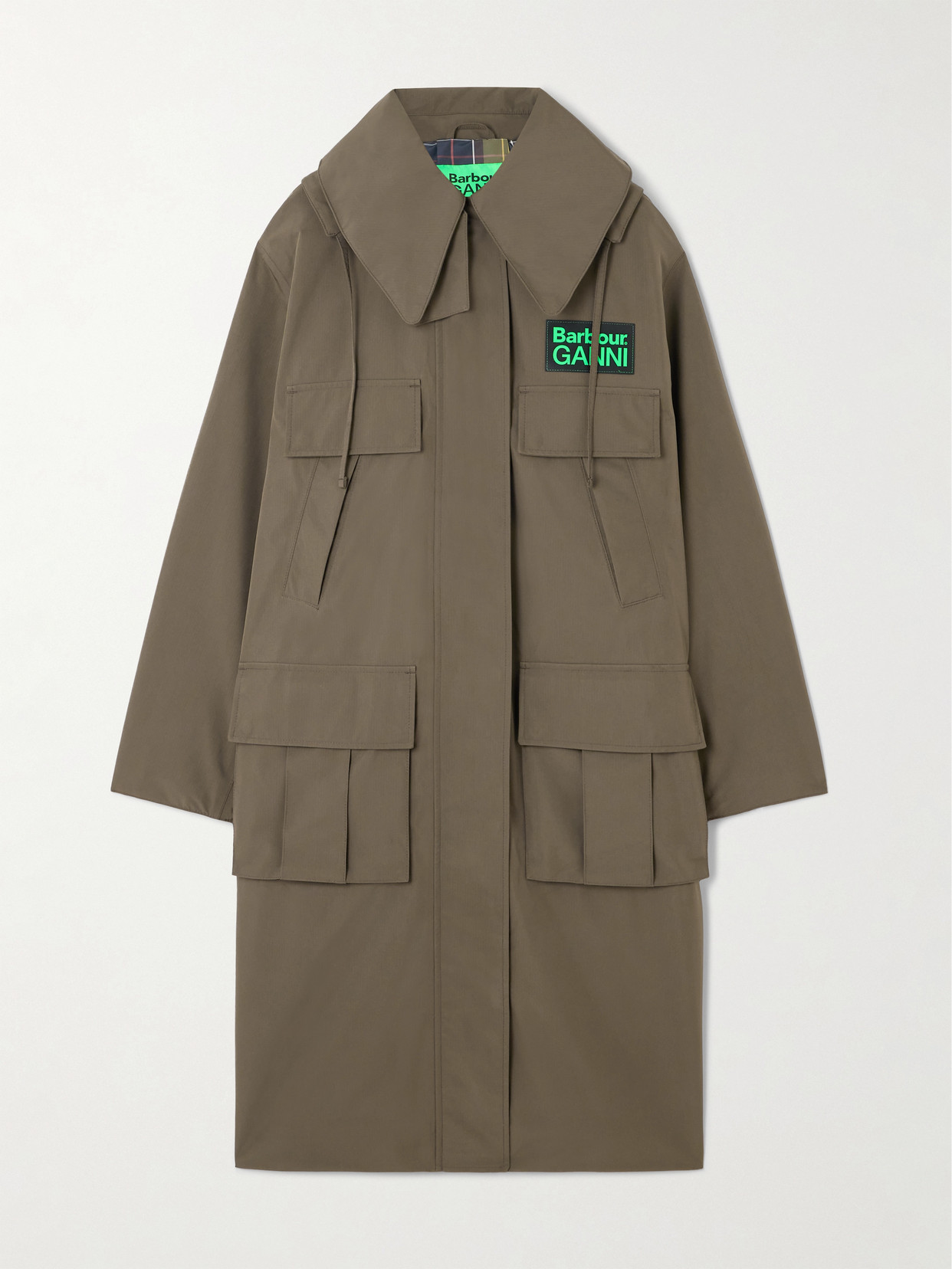 Barbour + Ganni Ruffled Hooded Shell Coat In Green