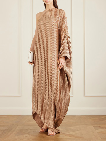 Dima Ayad One-shoulder plissé-satin gown