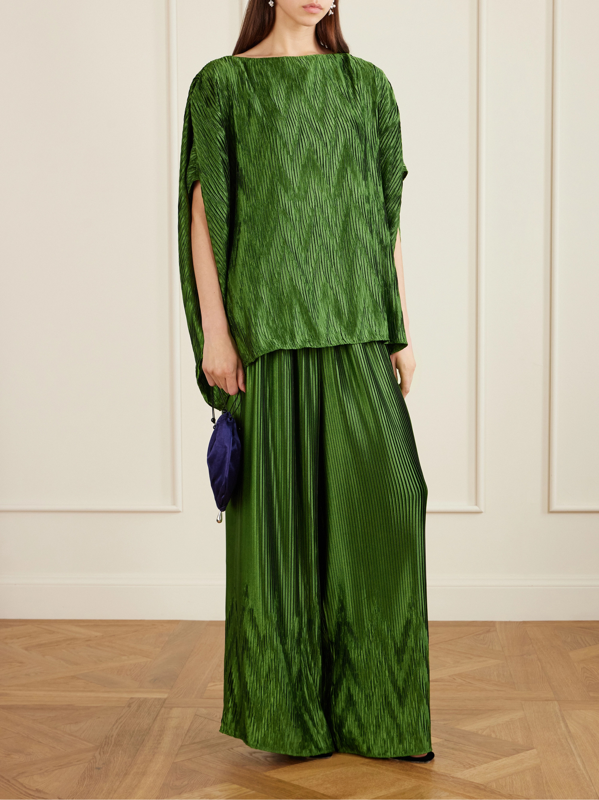 Dima Ayad Metallic plissé-satin wide-leg pants thumbnail