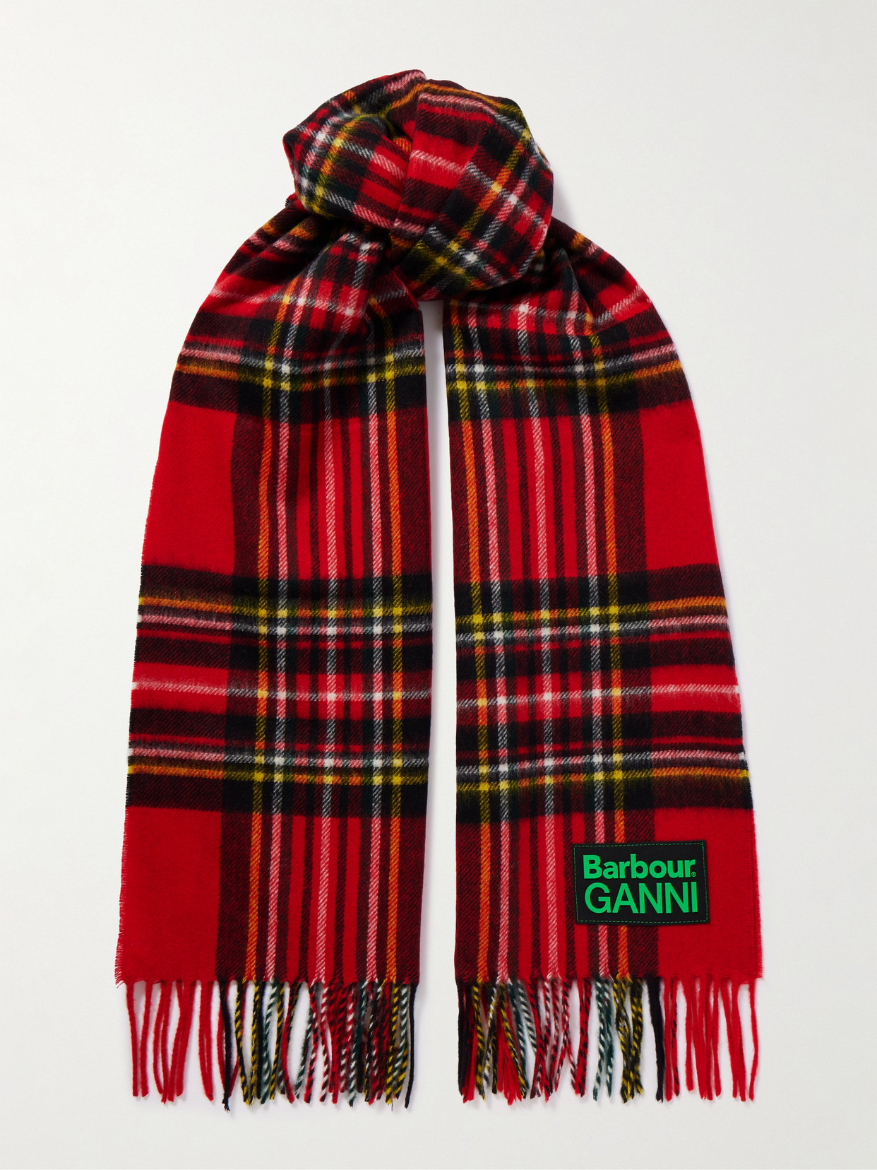 Barbour + Ganni Fringed Appliquéd Checked Wool Scarf In Red