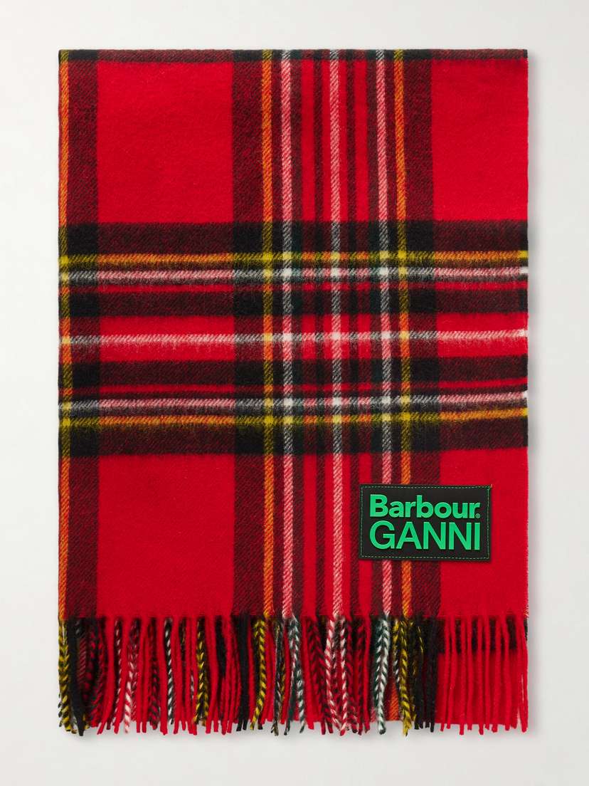 Barbour + Ganni Fringed Appliquéd Checked Wool Scarf