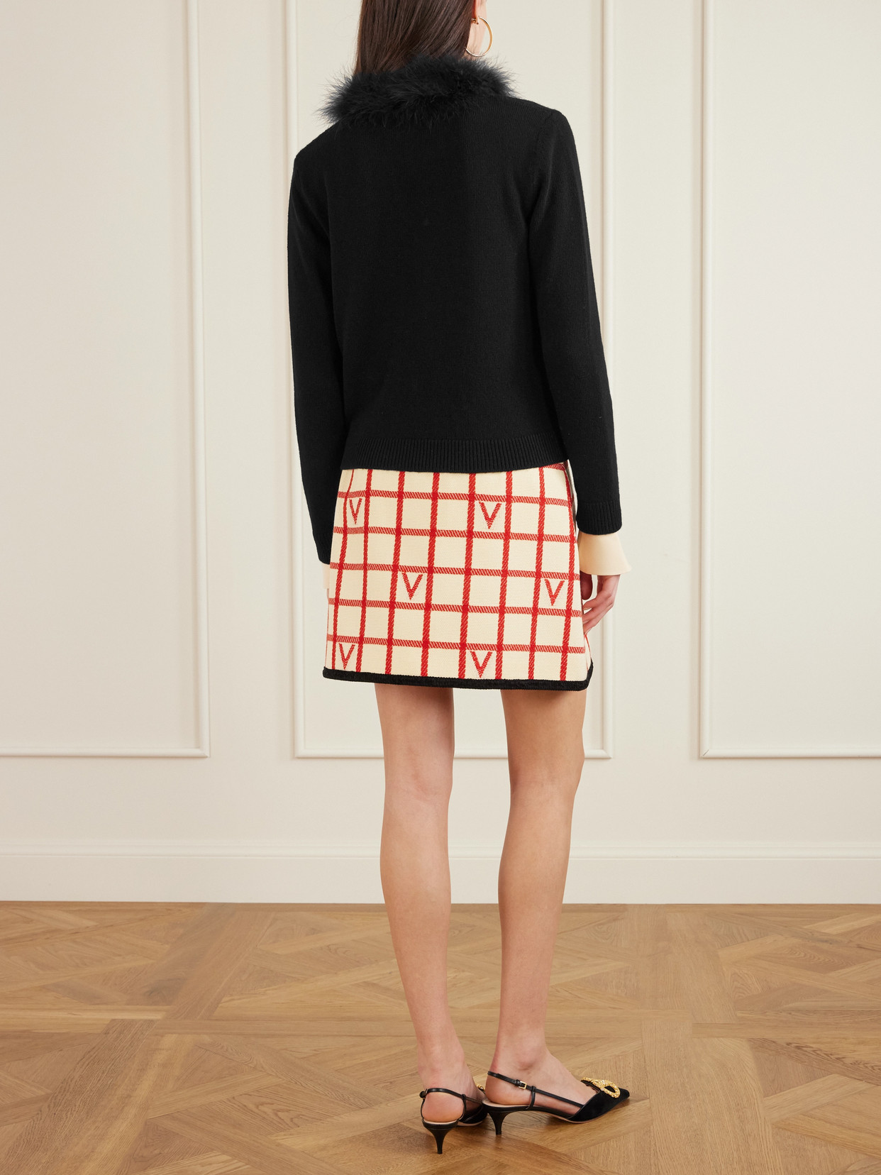 Valentino Feather-trimmed Wool Cardigan In Black