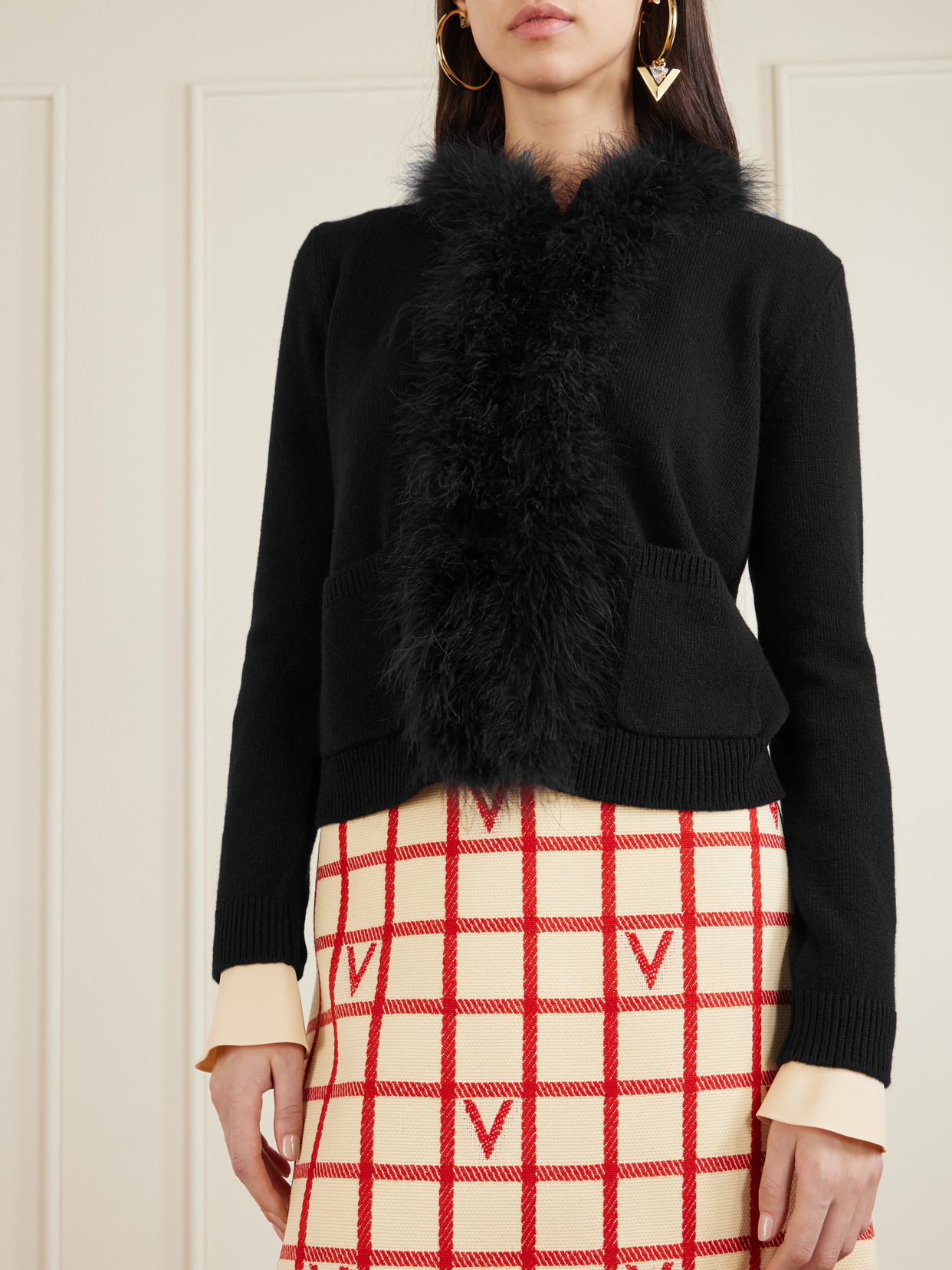 Valentino Feather-trimmed Wool Cardigan In Black