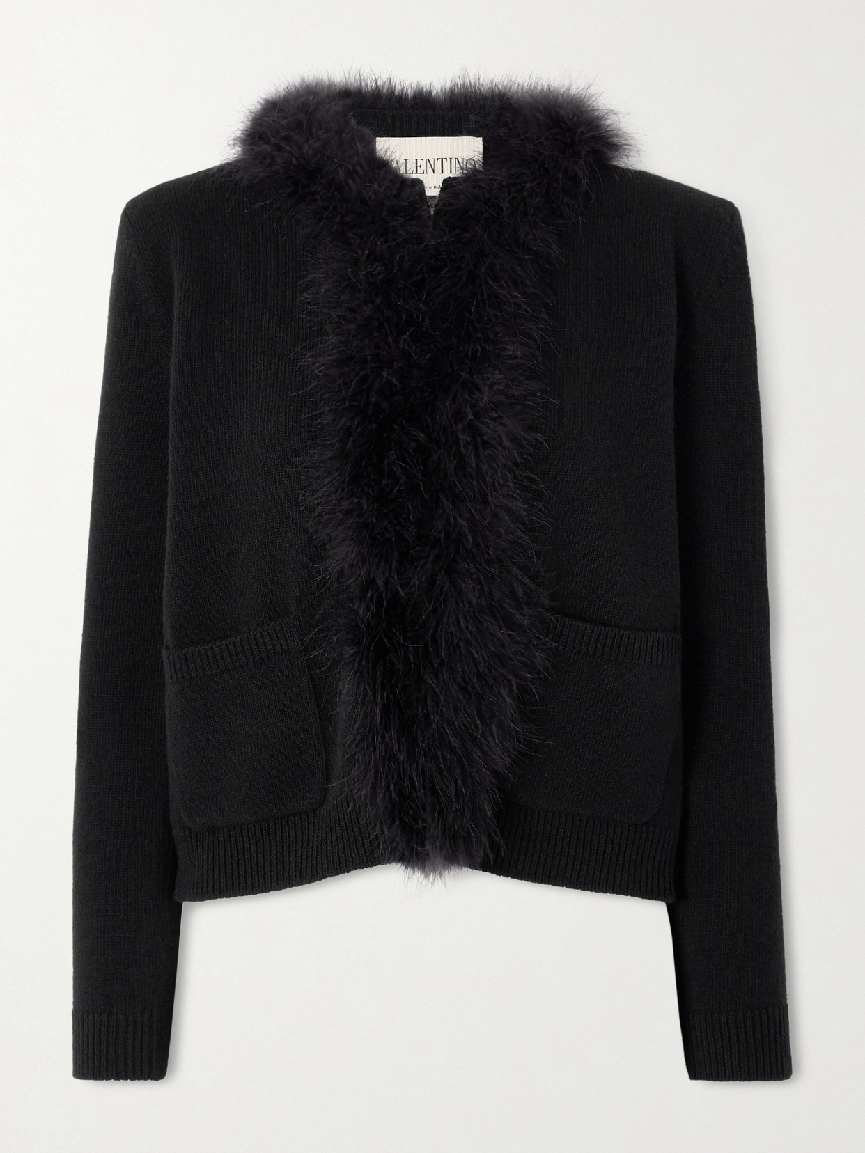 Valentino Feather-trimmed Wool Cardigan In Black
