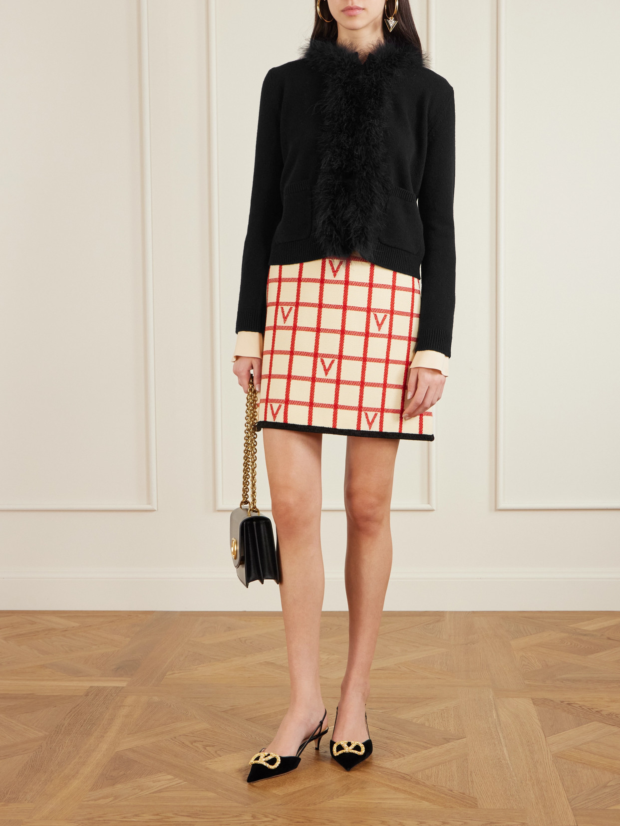 Valentino Feather-trimmed Wool Cardigan In Black