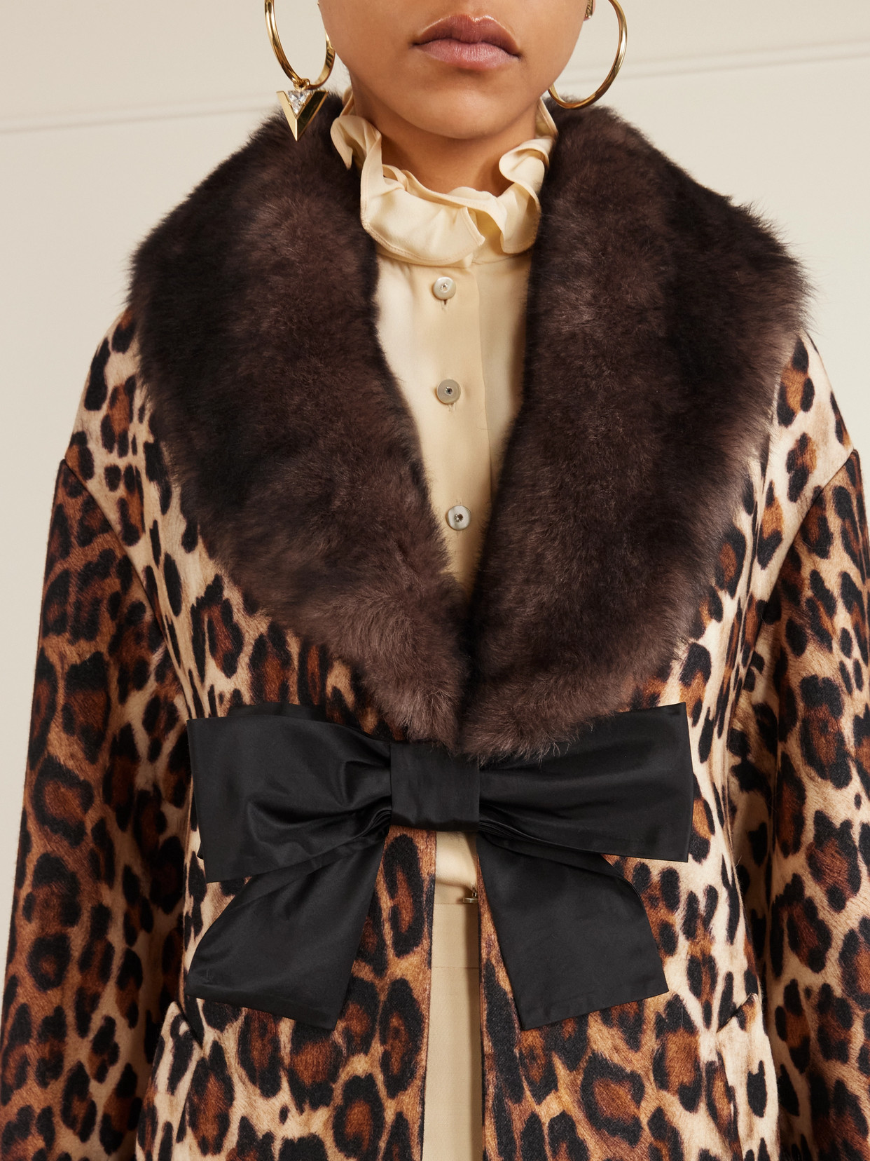 Valentino Bow-embellished Shearling-trimmed Leopard-print Wool Coat In Brown