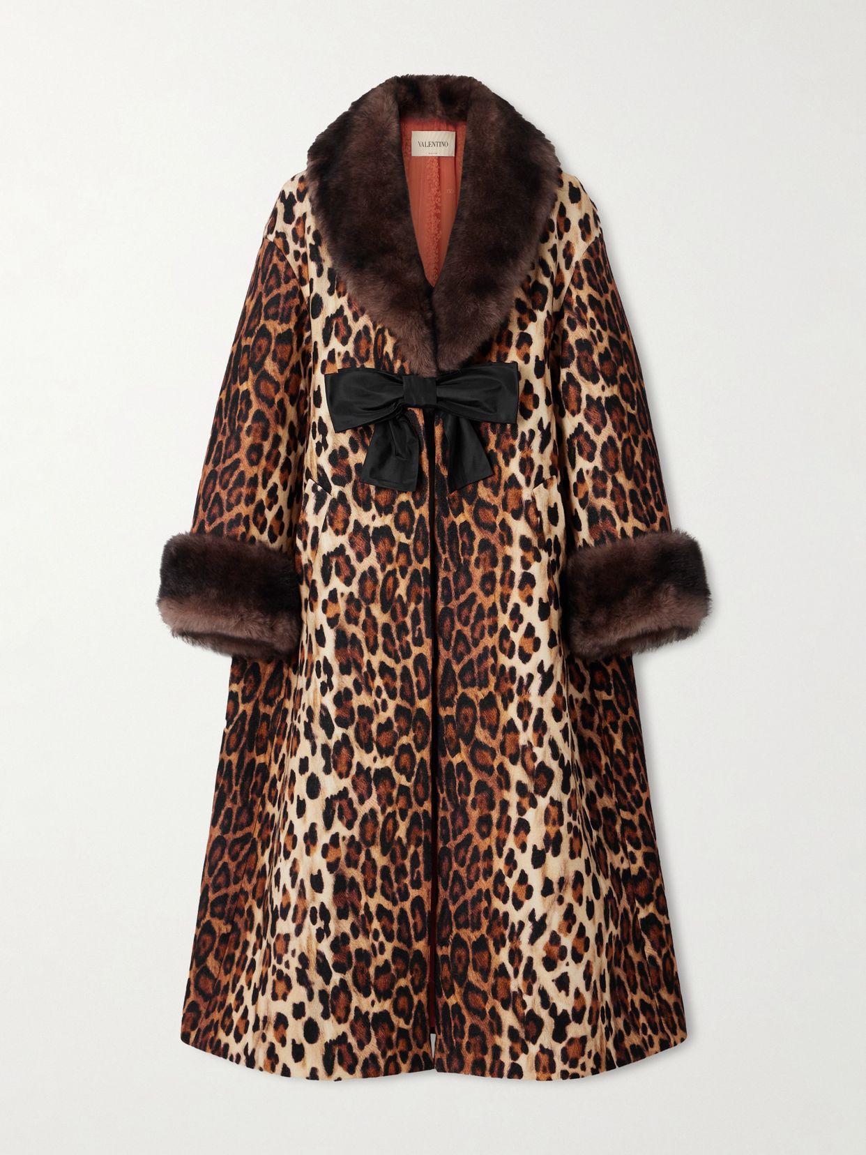 Bow-embellished shearling-trimmed leopard-print wool coat