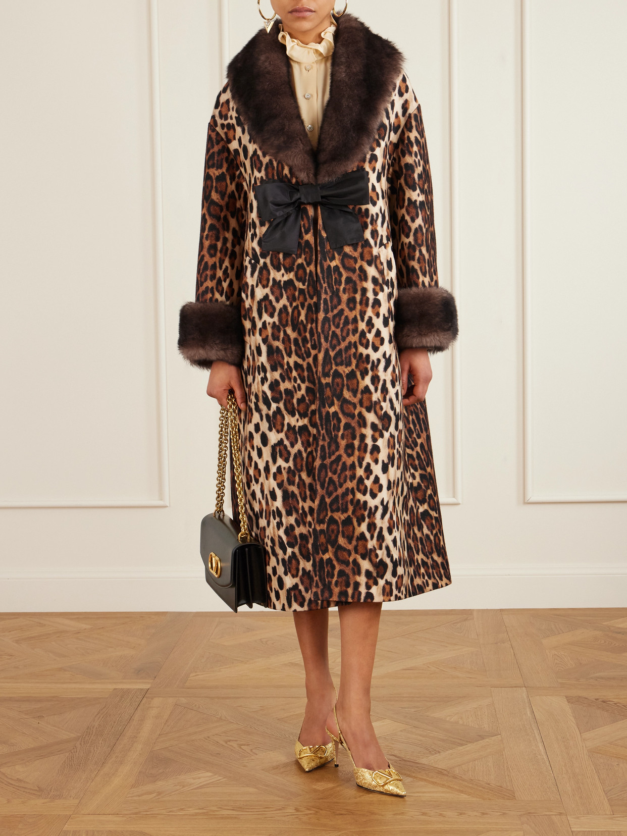 Valentino Bow-embellished Shearling-trimmed Leopard-print Wool Coat In Brown