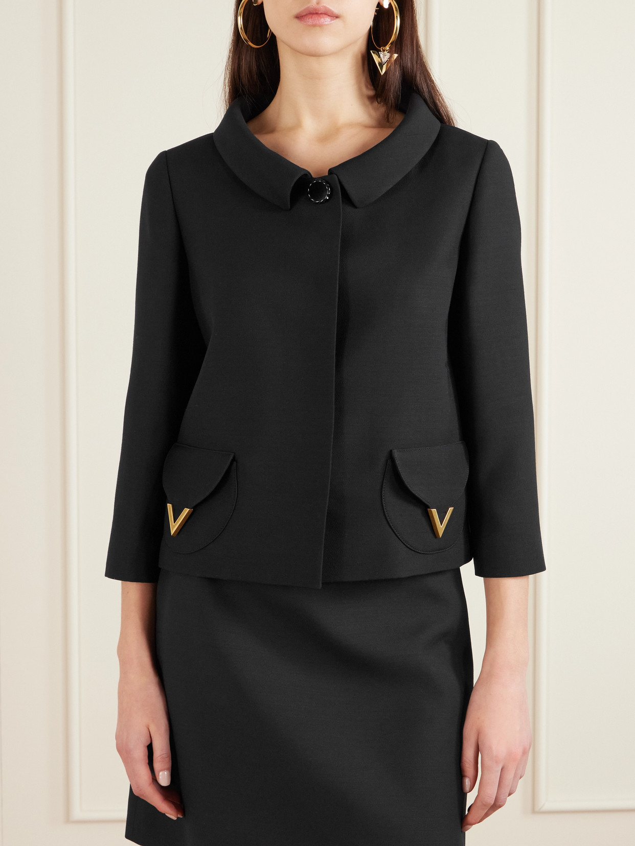 Valentino Button-detailed Embellished Wool And Silk-blend Crepe Jacket In Black
