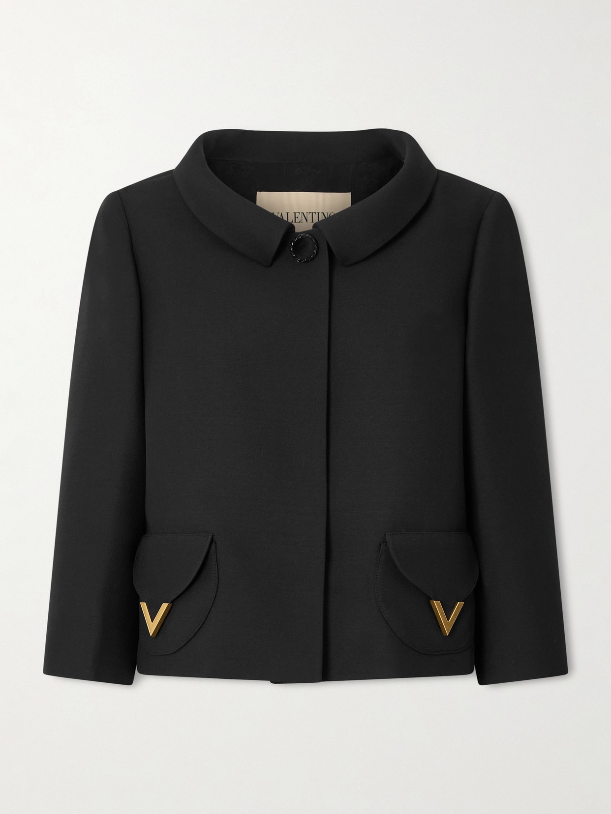 Valentino Button-detailed Embellished Wool And Silk-blend Crepe Jacket In Black