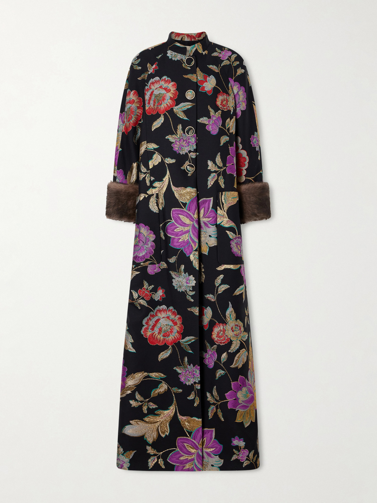 Valentino Shearling-trimmed Wool-blend Floral-brocade Coat In Black