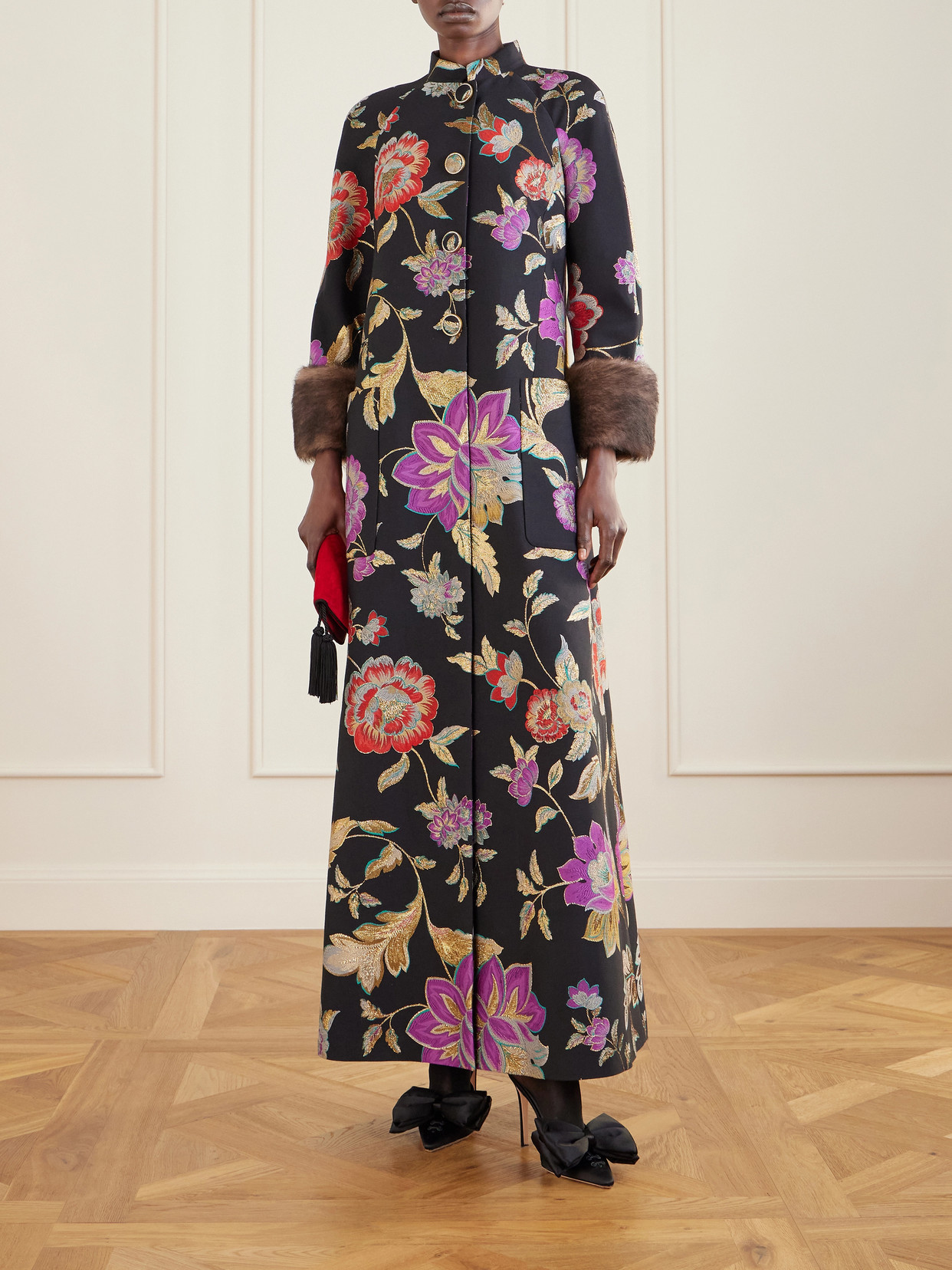 Garavani - Shearling-Trimmed Wool-Blend Floral-Brocade Coat