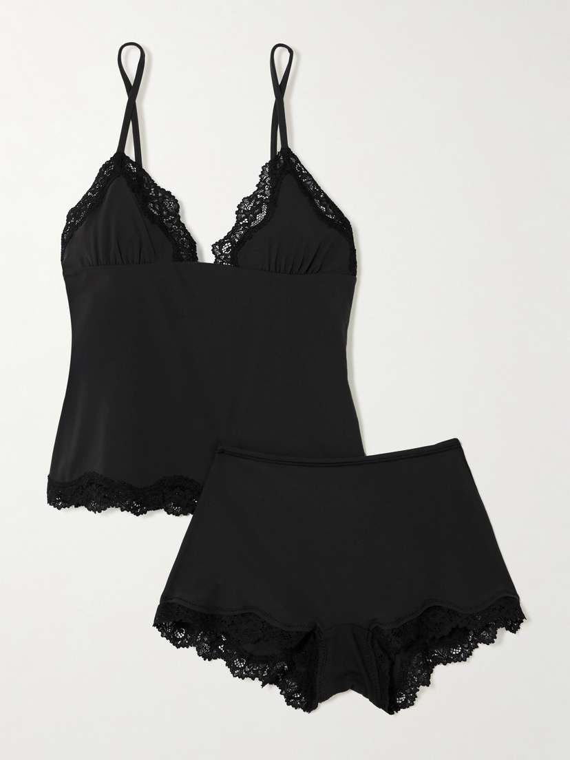 Skims Fits Everybody Lace Triangle Cami And Boy Short Set - Onyx