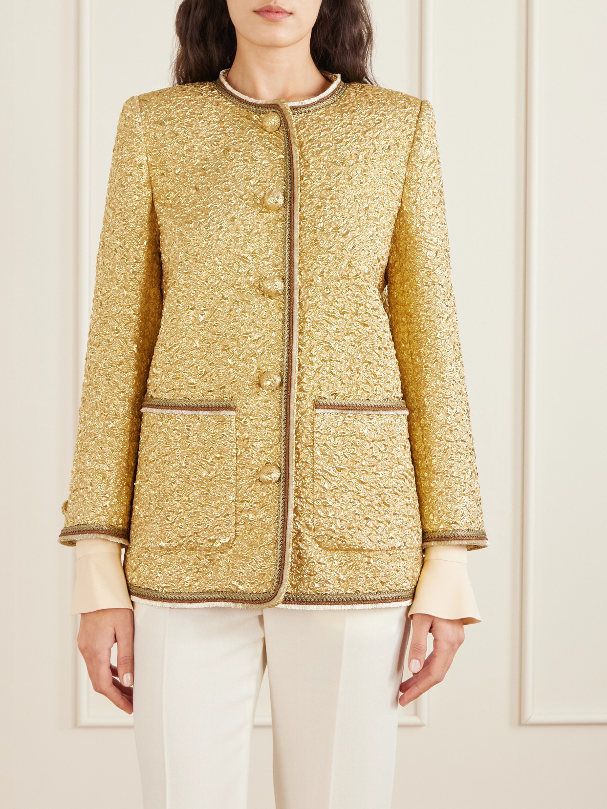 Valentino Metallic Cloqué-jacquard Jacket In Gold